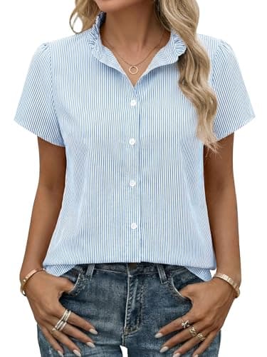 Funlingo Striped Button Down Shirts for Women Business Casual Short Sleeve Tops Summer Ruffle Collar Blouses Office Work Clothes Blue White 2XL - Image 1