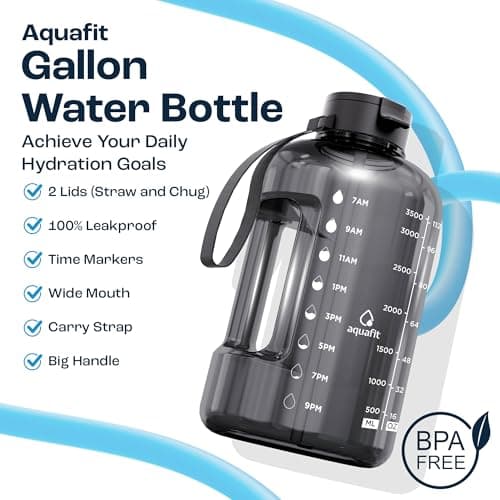 AQUAFIT 1 Gallon Water Bottle with Time Marker - Straw & Chug Lid - BPA Free Gym Water Bottle with Straw - Big Gallon Jug (Midnight Gray, 128 oz - 2 Lids) - Thumbnail 2