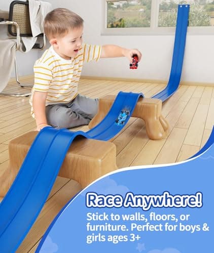 Flexible Race Track for Kids 3+, 15 Ft Hot Wheels Compatible Track with Strong Suction Cups, Portable Diecast 1/64 Car Ramp Track for Indoor Outdoor Play, DIY Bendable Monster Truck Track Set - Thumbnail 4