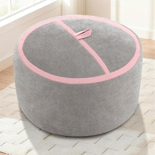 HABUTWAY 2FT Bean Bag Chair, Small BeanBag Chairs with Memory Foam Filled, Ultra-Soft Velvet Bean Bag Chair with Portable Handle, Comfy Bean Bag Sofa for Living Room, No Assembly - Light Grey & Pink - Thumbnail 4