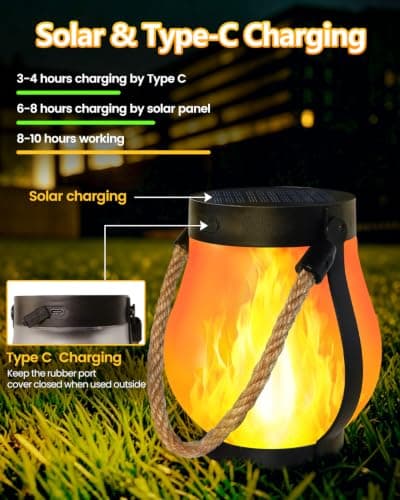6 Pack Solar Lanterns Outdoor Waterproof, Gen2 Flickering Flame Lanterns with 2 Modes, Dual Charging (USB/Solar) Decorative Hanging Table Solar Outdoor Lights for Tree Garden Porch Yard Patio - Thumbnail 4
