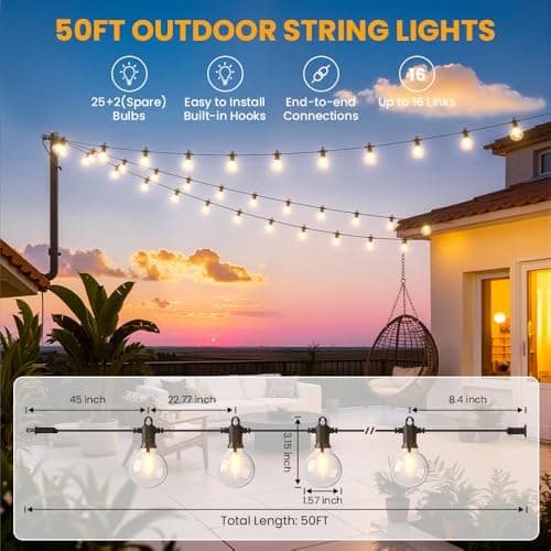 LED Outdoor String Lights, 50FT Patio Lights Outdoor Waterproof with 25+2 Shatterproof G40 Edison Globe Bulbs, 2700K Warm White Hanging Light, Dimmable Light for Outside Backyard Garden Bistro Porch - Thumbnail 3