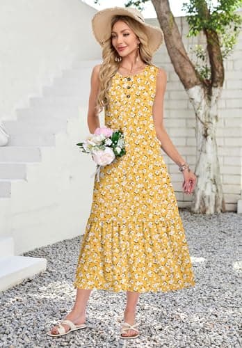 WNEEDU Beach Floral Long Dress Flowy Elegant Maxi Sleeveless Dress Soft Comfortable Cruise Vacation Holiday Dress,YE S Floral,XL - Thumbnail 4