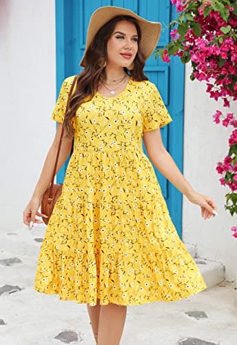 Younrui Plus Size Tiered Casual Babydoll Dress for Women Wedding Guest Scoop Neck Short Sleeve Midi Aline Dress (2XL-1001-Yellow Floral) - Thumbnail 3