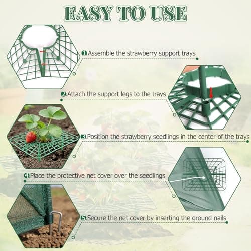 6 Sets Strawberry Plant Support with Mesh Plant Cover, Strawberry Growing Rack Kit with 24 Iron Plant Nails for Garden, Strawberry Growing Frame with Protective Net for Strawberries Tomatoes Veggies - Thumbnail 6