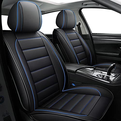 CAPITAUTO Seat Covers, Car Seat Covers Full Set, Black Car Seat Cover, Car Seat Covers Front Seats Back Seat Cover, Waterproof Faux Leather Seat Covers Fit for Most Cars Trucks SUV(Black&Blue) - Image 1
