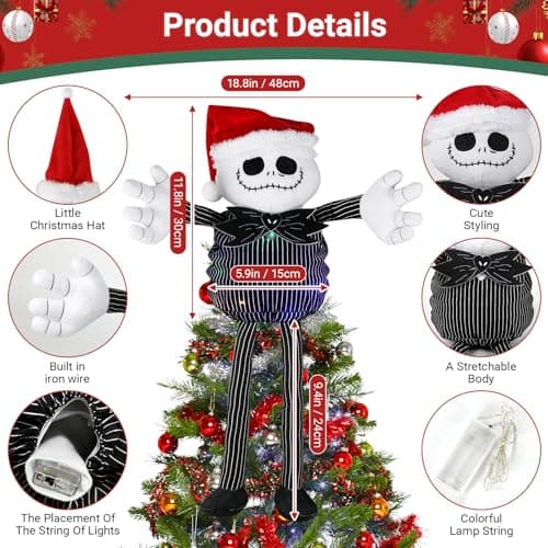 Christmas Tree Topper with Colorful String Light, Stretchable Body Jack Huggers with Santa Hat, Poseable Handmade Tree Topper for Halloween Christmas Party Decor (Jack Tree Topper) - Thumbnail 6