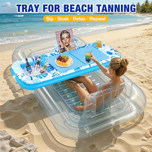 Ayeboovi Floating Tray for Tanning Pool Float - 61" L x 18" W Non-Slip Inflatable Sunbathing Bed Tray with Cooler Ice Bar for Tanning Lounge Raft & Blow up Suntan Tub Water Floatie, Party Gifts - Thumbnail 6