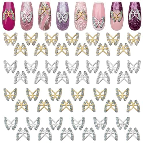50 Pcs Silver & Gold Butterfly Nail Charms - Butterfly Charms for Nails with Sparkling Rhinestones, Detailed 3D Shape, Lightweight Alloy Build - Long-Lasting Shine Accessories for Eye-Catching Looks - Image 1