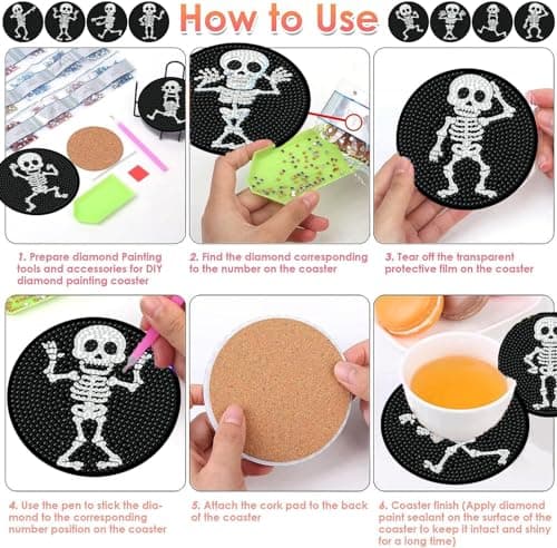 ijbnhd 8 PCS Skull Diamond Art Coasters Diamond Painting Coasters Kits with Holder Skeleton for Beginners Adults Crafts Supplies 4X4inch (Cork Wooden Pad) - Thumbnail 6