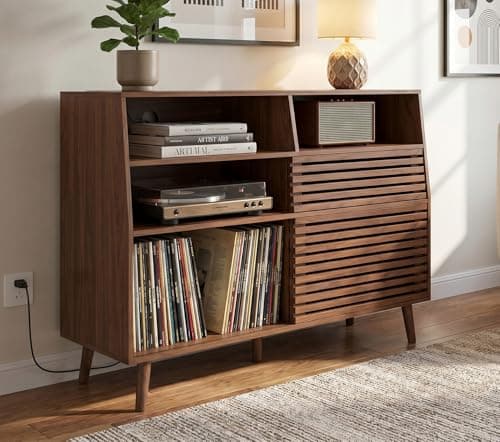 zofiauai Mid Century Record Player Stand, Large Vinyl Turntable Console with Doors, Charging Station, 451 Albums Capacity Media Storage Shelf, Entertainment Center for Living Room, Bedroom, Walnut - Image 1
