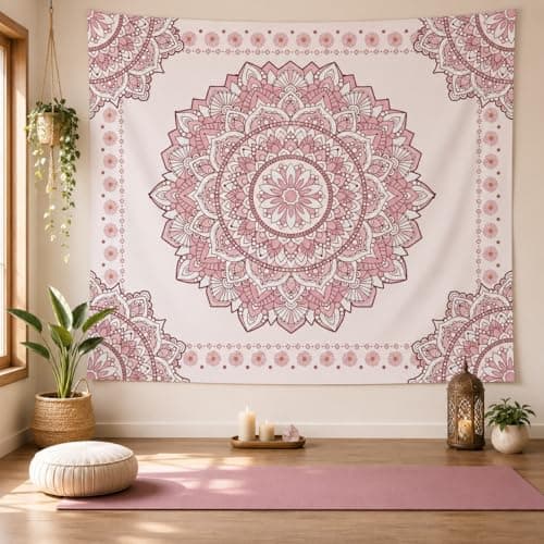 Atrippy Boho Pink Mandala Wall Tapestry for Bedroom, White and Pink Aesthetic Tapestry Room Decor for Teen Girls, Art Floral Wall Hanging for College Dorm (51''x60'') - Thumbnail 4