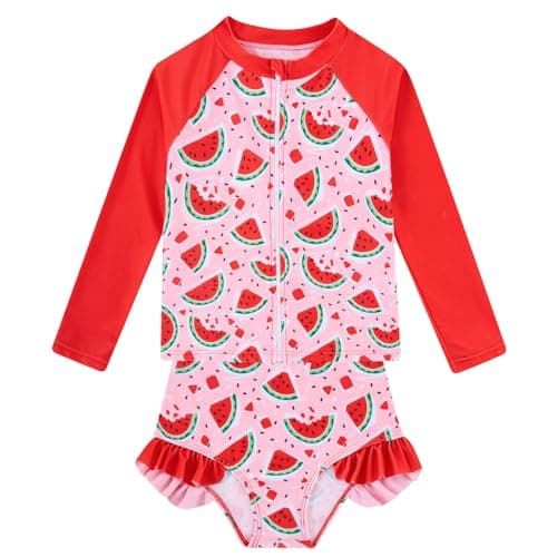 Funnycokid 4T 5T Swimsuit Kids Little Girls Watermelon Red Bathing Suit Ruffle Rashguard Sets Sun Protection Long Sleeve 3 Piece Tankini - Thumbnail 5