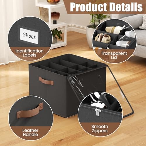 PHINOX Shoe Organizer for Closet, 2 Pack Fabric Shoe Organizer Storage Box, Shoe Storage Containers with Clear Cover, Closet Shoe Storage for Boots Sandals Slippers,Fits 16-32 Pairs, Black - Thumbnail 3