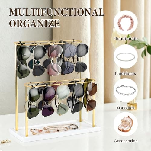 Himake Sunglasses Organizer Glasses Holder Stand for 28 Pairs of Eyewear, 2 Tier Eyeglasses Display ,Gold Sunglass Storage Rack Metal Frame with Wood Base for Table Desk Countertop Dresser Bedroom - Thumbnail 2