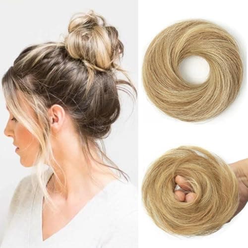 Messy Bun Hairpiece 100% Real Human Hair #12/613 Honey Golden Highlights Hair Bun Donut Scrunchies Tousled Updo Extension Elegant Chignon with Elastic Rubber Band - Image 1