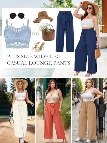 AusLook Plus Size Wide Leg Pants for Women High Waist Elastic Drawstring Palazzo Casual Lounge Beach Travel Vacation Resort Almond Leopard 1X Pants with Pockets Flowy Summer Comfy Outfit - Thumbnail 5