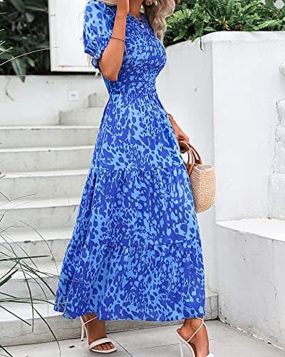BTFBM Women Casual Summer Dresses 2026 Spring Crew Neck Ruffle Short Sleeve Smocked Floral Boho Flowy Maxi Dress Clothes(Print Blue, Large) - Thumbnail 4