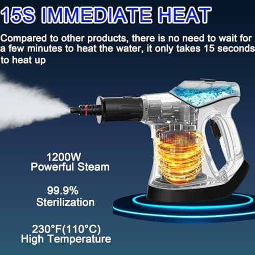 Handheld Steam Cleaner for Home, 10S Immediate Heat Hand Held Steam Cleaner, with Visualized Large Water Tank & 9 PCS Accessories & Safety Lock, for Kitchen,Couch,Floor,Window,Car (WHITE&BLACK) - Thumbnail 2