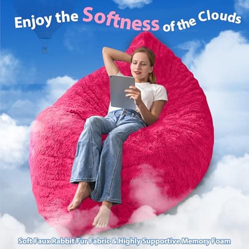 HABUTWAY 4 in 1 Bean Bag Chair, Giant Memory Foam Filling Bean Bag Sofa, Adult Bean Bag Chair, Machine Washable Faux Fur Cover, Bean Bag for Adult (Rose Red) - Thumbnail 6