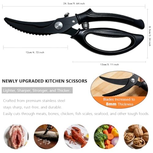 Kitchen Poultry Shears Heavy Duty, Stainless Steel Kitchen Meat Cutting Scissors for Food with Non-Slip Handle & Safety Lock, All Purpose Cooking Aid Scissors for Chicken, Bone, Turkey, Fish - Thumbnail 2