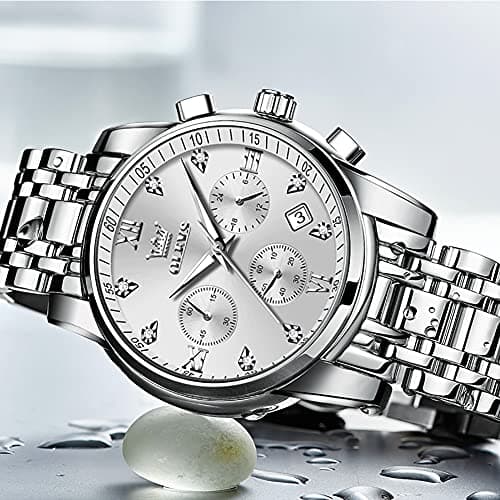 OLEVS Watch Men Silver Watches for Men Stainless Steel Analog Quartz Mens Watches Dress Waterproof Metal Band Luxury Wrist Watch for Man with Day Date Diamond Large Face Chronograph Reloj para Hombre - Thumbnail 3