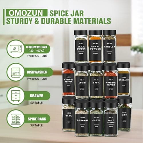 OMOZUN Spice Jars with Label, 12pcs 4oz Glass Spice Jars with Black Lids, Square Spice Containers with 152 Labels and Shaker Inserts, Empty Seasoning Bottles for Drawer, Cabinet, Seasoning Organizer - Thumbnail 4