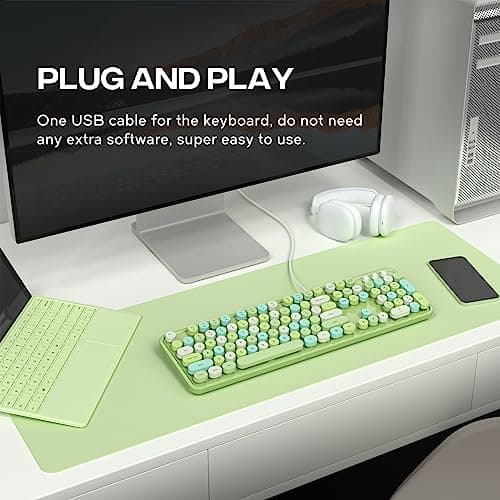 Atelus Computer Keyboard Wired, Typewriter Style, Plug Play USB Keyboard with Large Number Pad, Caps Indicators, Foldable Stands, Full Size Wired Keyboard for Windows PC Laptop (Green Colorful) - Thumbnail 2