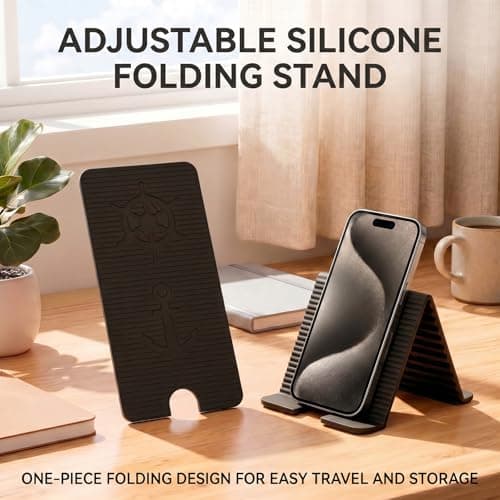 Adjustable Foldable Silicone Phone Stand, Black, with Charging Port, Non-Slip Desk Holder for iPhone, Samsung, Tablets - Thumbnail 6