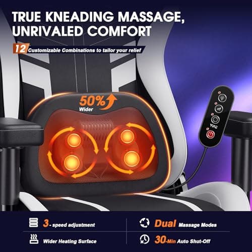 Douxlife 3D Kneading Massage Gaming Chair with Footrest, 400lbs Heavy Duty PC Computer Desk Chair for Adults, Adjustable 2D Armrests, Ergonomic 175° Recline & Optional Heat, Black&White - Thumbnail 4