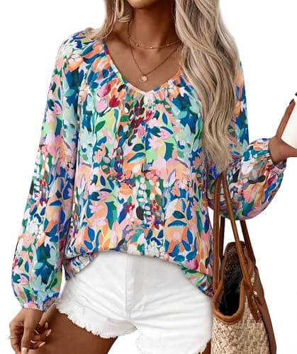Zenlonr Women's Summer Tops Dressy Casual 2026 V Neck Satin Silk Printed Shirts Boho Long Sleeve Work Blouses(Floral Blue Green,Medium) - Image 1