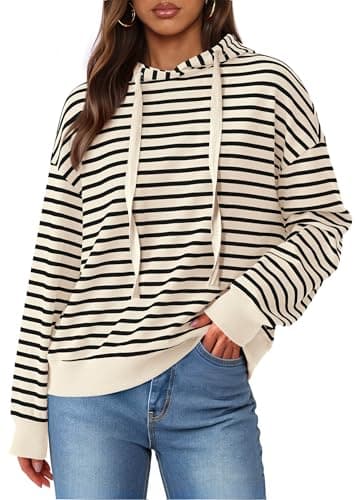 KIRUNDO Sweatshirt For Women Casual Loose Striped Long Sleeve Drawstring Hoodie Pullover Hooded Tops Fashion Clothing(Beige, X-Large) - Image 1