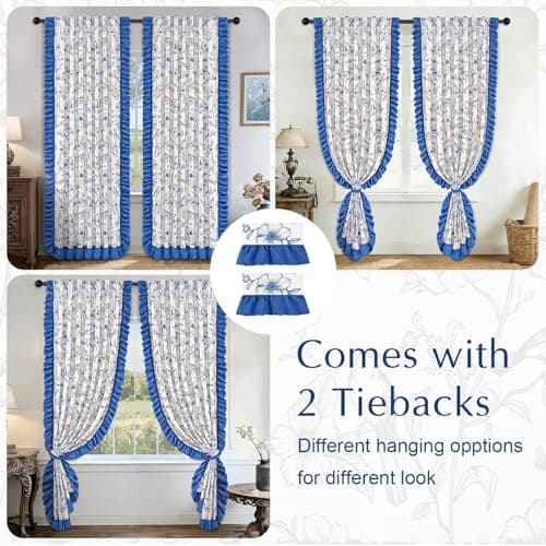 Yinhua Blue Floral Curtains for Living Room 84 Inch Length Farmhouse French Bedroom Curtains with Ruffle Tieback, Linen Light Filtering Window Curtain Rod Pocket Back Tab Drapes, 52"W x 84"L, 2 Panels - Thumbnail 6