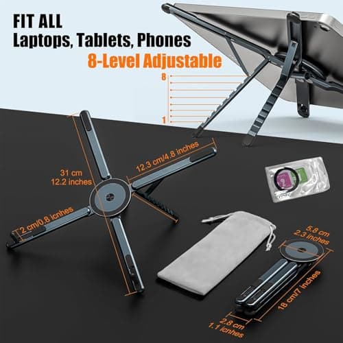 Laptop Stand for Desk, Foldable Aluminum Alloy Magnetic Computer Riser, Ergonomic 8-Level Adjustable Height Travel Laptop Holder,Multi-Functional Stand for 10–16"Laptop,4–13" Tablet and Phone - Thumbnail 4
