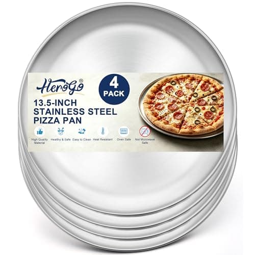 Herogo 13.5 Inch Stainless Steel Round Pizza Pan Plates Set of 4, Large Healthy Pizza Tray Platter for Oven Baking Serving, Dishwasher Safe