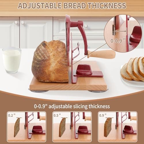 CAWIU Manual Bread Slicer with Hand Crank- Adjustable Thickness Bread Cutter for Even Slices, Perfect for Homemade Sourdough, Sandwich, and More, Red - Thumbnail 2
