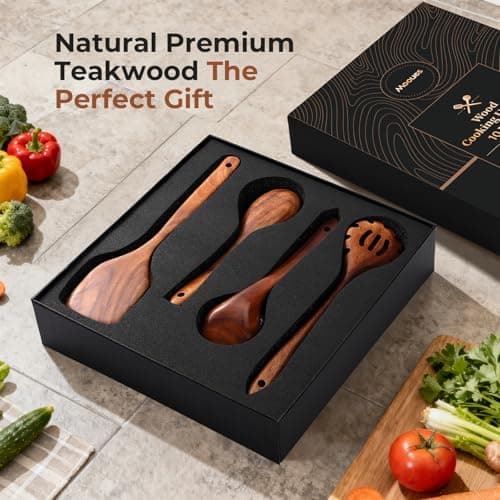 Wooden Spoons for Cooking, 10 PCS Teak Wood Cookware Utensil Set with Hooks - Smooth Finish, Non-Stick, Comfortable Grip, Heat Resistant Kitchen Utensils Gift Box - Thumbnail 2