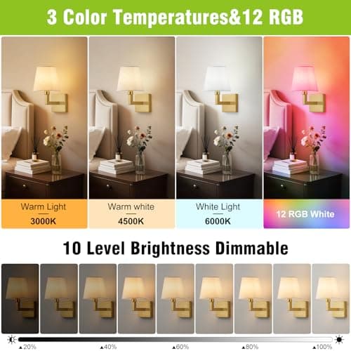 Battery Operated Wall Sconce with 10000mAh Detachable Rechargeable Bulbs, Wireless Wall Sconces Set of Two with Remote, 3 CCT & 12 RGB Dimmable Wall Sconces Battery Operated for Bedroom,Living Room - Thumbnail 2