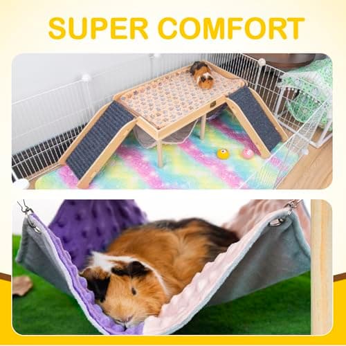 BESNEW Enlarged Guinea Pig Hammock with Platform and Stairs,Wooden Foldable Piggies Hideout for Guinea Pigs Bunny Ferret Hamster Hiding Sleeping Activities 24L x 12W x 11H in（Double） - Thumbnail 5