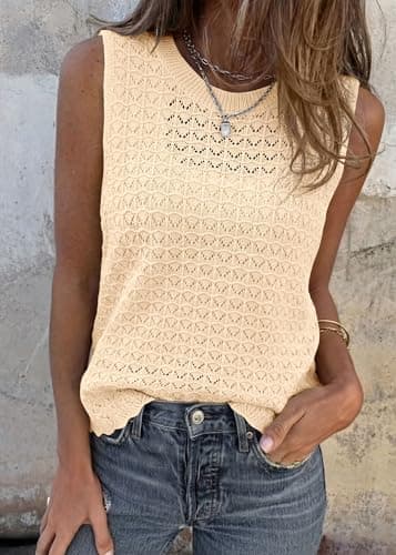 KIRUNDO Crochet Tops for Women 2026 Spring Summer Sleeveless Sweater Vest Tank Top Knit Pullover Beach Vacation Outfits (Beige, X-Large) - Thumbnail 2