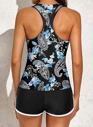 Aleumdr Womens Tankini Swimsuits Athletic Three Piece Tummy Control Bathing Suits with Shorts Swimsuits for Women Black Floral Small - Thumbnail 2