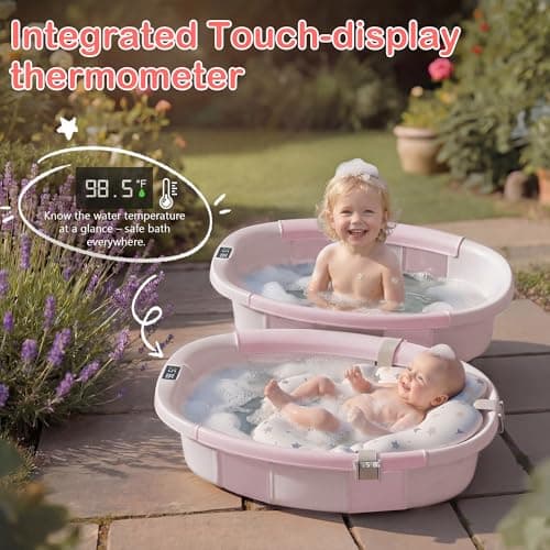 Collapsible Baby Bathtub - Large Baby Bath Tub with Thermometer | Bath Essential Bañera para Bebe Easy Fold Baby Tub | Travel Infant Newborn Toddler Bathtub for Baby Girl Boy 0 to 36 Months (Pink) - Thumbnail 5