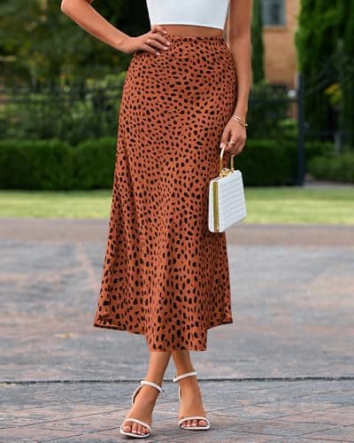 BTFBM Satin Skirts for Women Trendy Spring Summer 2026 High Waisted Leopard Print Cocktail Wedding Long Silk Midi Skirt(Dot Brick Red Black, Medium) - Thumbnail 6