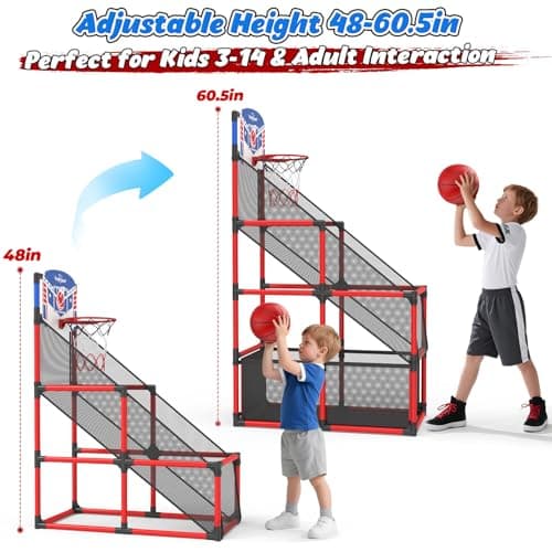 EagleStone Kids Adjustable Arcade Basketball Hoop with LED Lights & Scoreboard, 4 Balls Ball Storage Net, Indoor Outdoor Carnival Basketball Game Set for Boys & Girls Ages 3-12, Pump Included - Thumbnail 2