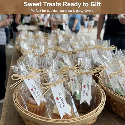 Plastic Cellophane Bags 4.7x7", 100 Pack Clear Goodie Treat Wrappers with Raffia Ties & Tags for Wrapping Homemade Soap Craft Gift Wedding Cookies Candy Snack Party Bakery Favors Christmas (White Tags) - Thumbnail 4