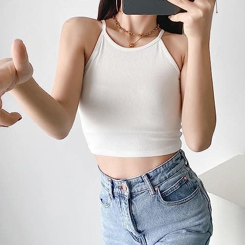 Nicytore 3-Pack Women's Seamless Crop Top Ribbed Camisole No Padding Racerback Tank Tops (Black/White/Beige, L) - Thumbnail 5