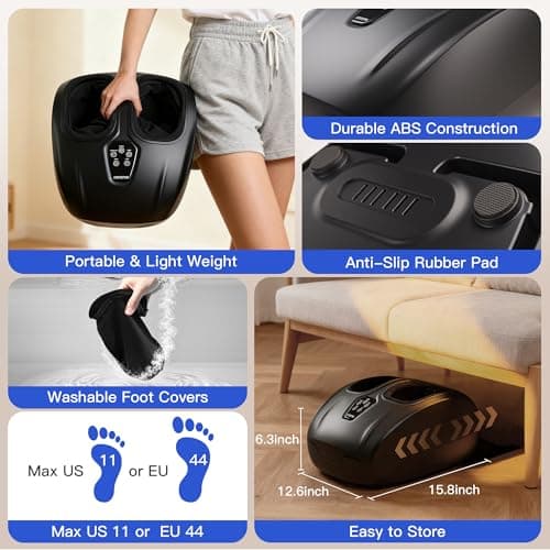 Musugy Foot Massager, Shiatsu Foot Massager Machine with Heat & Vibration & Compression for Plantar Fasciitis, Neuropathy - 5 Intensity, 4 Modes, 2 Heat, US Size 11, Gifts for Mother women, Mom, Black - Thumbnail 6