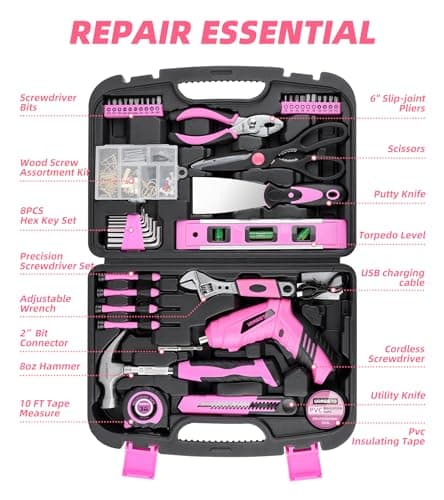 URASISTO Pink Household Tool Set with 3.6V USB Electric Screwdriver, 136 PCS Home Tool Kit with Cordless Lithium-ion Drill Driver, Hand Tool Kits for Women - Thumbnail 2