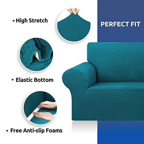 KEKUOU Stretch Loveseat Sofa Cover Slipcover,Couch Covers for 2 Cushion Couch Sofa (55"-78") Furniture Protector Sofa with Elastic Bottom for Kids,Dog. Jacquard Small Checked (Medium,Peacock Blue) - Thumbnail 6