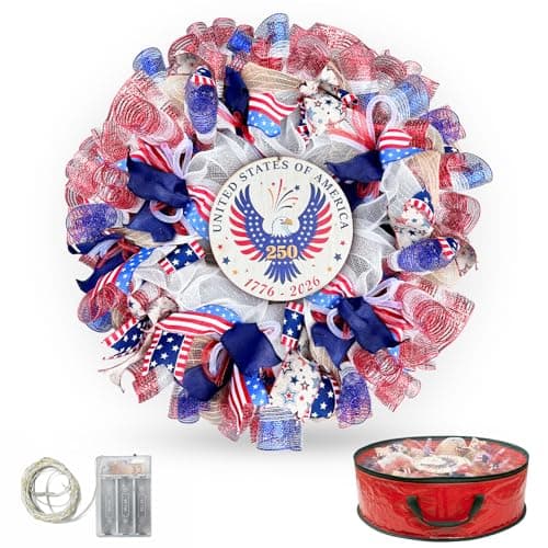 Presentastic 250th Anniversary Patriotic Wreaths for Front Door, 24 Inch Large 4th of July Wreath with Removable 1776-2026 Eagle Door Sign, Handcrafted Memorial Day Decorations with Light &Storage Bag - Image 1